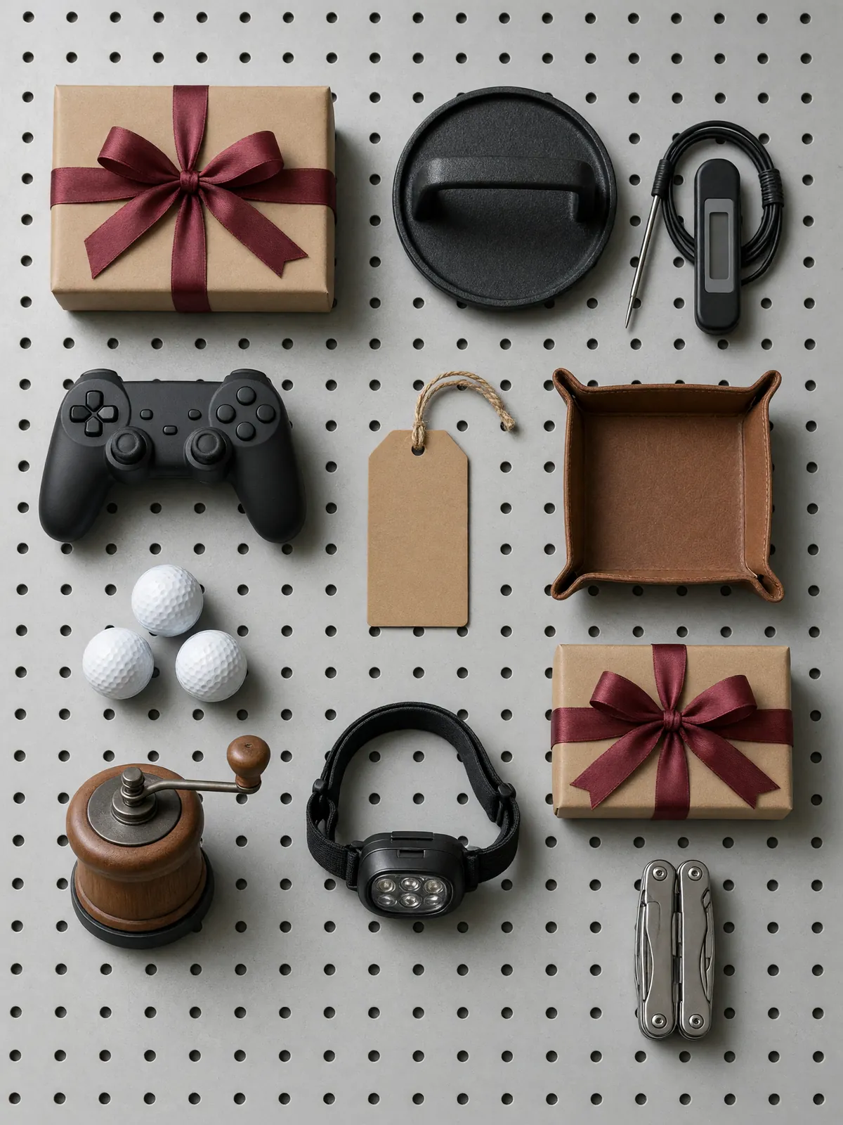 Gifts for guys laid out on a pegboard workbench: wrapped boxes, a burger press, a game controller, golf balls, a coffee grinder and a multi-tool